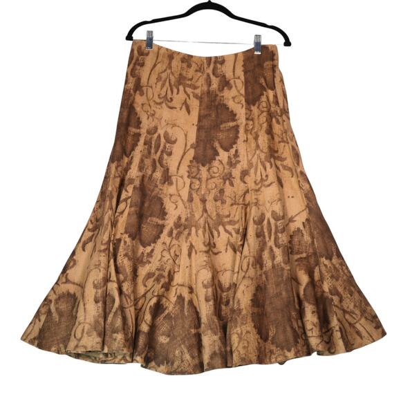 Lauren Ralph Lauren Midi Skirt Women 6 Brown 100% Linen Full Artsy Abstract Boho - Picture 2 of 9